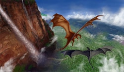 Size: 1280x743 | Tagged: safe, artist:aaros, dragon, fictional species, reptile, scaled dragon, feral, cliff, duo, flying, forest, landscape, scenery, scenery porn, technical advanced, webbed wings, wings
