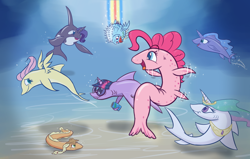 Size: 1280x815 | Tagged: safe, artist:heir of rick, applejack (mlp), fluttershy (mlp), pinkie pie (mlp), princess celestia (mlp), princess luna (mlp), rainbow dash (mlp), rarity (mlp), twilight sparkle (mlp), cetacean, dolphin, eel, fish, mammal, orca, pufferfish, shark, tuna, feral, friendship is magic, hasbro, my little pony, female, females only, fins, fish tail, fishified, group, horn, mane six (mlp), not salmon, shark tail, shoo be doo, sparkly mane, species swap, tail, underwater, ungulate, wat, water
