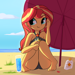 Size: 2250x2250 | Tagged: safe, artist:tjpones, sunset shimmer (mlp), arthropod, crab, crustacean, human, mammal, feral, equestria girls, friendship is magic, hasbro, my little pony, barefoot, beach, bikini, bottle, clothes, cloud, cup, cute, eyelashes, feet, female, grass, green eyes, hair, high res, human focus, ice, looking away, multicolored hair, not furry focus, outdoors, red hair, sitting, sky, smiling, solo, solo female, sunscreen, swimsuit, umbrella, water, yellow hair, yellow skin