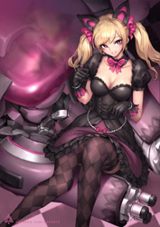 Size: 904x1280 | Tagged: safe, artist:grooooovy, d.va (overwatch), animal humanoid, cat, feline, fictional species, mammal, robot, humanoid, blizzard entertainment, overwatch, 2019, big breasts, blonde hair, bow, bracelet, breasts, catified, choker, cleavage, clothes, corset, dress, ear piercing, english text, female, furrified, gloves, goth, gothic lolita, grin, hair, hair bow, jewelry, legwear, lolita fashion, looking at you, mecha, piercing, pigtails, pink eyes, sitting, smiling, solo, solo female, species swap, stockings, technical advanced, text, thigh highs, watermark