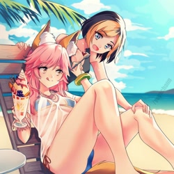 Size: 1024x1024 | Tagged: safe, artist:yayachann, tamamo no mae (fate), canon x oc, oc, animal humanoid, canine, fictional species, fox, human, kitsune, mammal, humanoid, fate (series), fate/grand order, 2019, beach, beach chair, berry, bikini, black hair, blonde hair, blue eyes, blueberry, bracelet, breasts, chair, chocolate, chocolate sauce, cleavage, clothes, cloud, cup, duo, duo female, ear fluff, english text, feeding, female, female/female, fluff, food, fruit, glass, hair, hand hold, holding, holding object, ice cream, jewelry, leaf, licking lips, light skin, multicolored hair, necklace, obtrusive watermark, ocean, open mouth, open smile, palm tree, pink eyes, pink hair, sand, see-through, shipping, shirt, shore, sitting, sky, smiling, spoon, strawberry, swimsuit, table, tail, tank top, text, tongue, tongue out, topwear, tree, water, watermark, whipped cream
