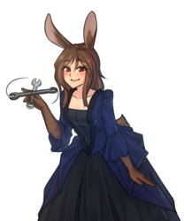 Size: 1333x1600 | Tagged: safe, artist:monorus, oc, oc only, oc:ophelia, animal humanoid, fictional species, lagomorph, mammal, rabbit, humanoid, 2016, brown hair, clothes, cyoa, dress, female, hair, red eyes, simple background, solo, solo female, white background, wrench