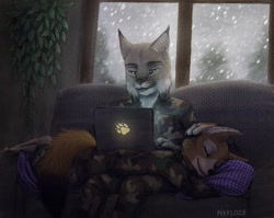 Size: 1280x1018 | Tagged: safe, artist:pixeloze, oc, oc only, canine, feline, fox, lynx, mammal, anthro, ambiguous gender, clothes, couch, duo, duo ambiguous, indoors, laptop, sleeping, snow, technical advanced, winter