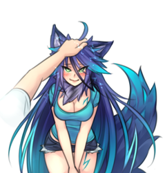 Size: 1218x1274 | Tagged: safe, artist:monorus, animal humanoid, canine, fictional species, mammal, raiju, yokai, humanoid, monster girl encyclopedia, 2016, ambiguous gender, big breasts, blushing, breasts, cleavage, duo, eared humanoid, female, female focus, green eyes, hand, head pats, offscreen character, petting, pov, simple background, solo focus, tail, tailed humanoid, white background