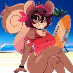 Size: 3200x3200 | Tagged: safe, artist:wirelessshiba, oc, oc only, oc:shelly (wirelessshiba), mammal, rodent, squirrel, anthro, beach, breasts, brown eyes, chest fluff, clothes, female, fluff, glasses, high res, lifeguard, looking at you, solo, solo female, sunglasses, swimsuit