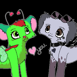Size: 300x300 | Tagged: safe, artist:monochromez, oc, oc only, big cat, canine, dog, fairy, feline, fictional species, mammal, feral, 2009, antennae, black background, collar, duo, duo female, female, heart, horns, low res, oekaki, simple background, text, wings