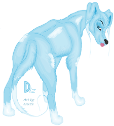 Size: 764x848 | Tagged: safe, artist:inuitln, oc, oc only, oc:dizzet, canine, dog, fictional species, gelert, mammal, feral, neopets, 2005, blue eyes, blue fur, english text, female, fur, looking at you, oekaki, paws, signature, simple background, solo, solo female, tail, text, tongue, tongue out, white background