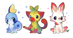 Size: 1119x580 | Tagged: safe, artist:foxlett, fictional species, grookey, mammal, scorbunny, sobble, feral, nintendo, pokémon, 2019, ambiguous gender, blue eyes, brown eyes, crying, cute, english text, group, kemono, looking at each other, looking at you, red eyes, signature, simple background, sitting, sparkles, starter pokémon, stick, text, trio, white background