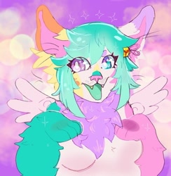 Size: 400x410 | Tagged: safe, artist:itchygrass, oc, oc only, oc:snack (moggiedelight), arthropod, canine, cat, feline, fictional species, fox, hybrid, kitsune, mammal, shrimp, anthro, 2019, abstract background, breasts, color porn, cute, cute little fangs, fangs, featureless breasts, female, heterochromia, kemono, low res, open mouth, paws, solo, solo female, teeth, wings