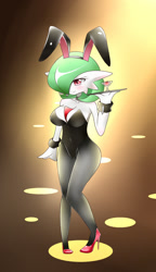 Size: 750x1300 | Tagged: suggestive, artist:sana!rpg, fictional species, gardevoir, anthro, nintendo, pokémon, 2016, abstract background, alcohol, breasts, bunny ears, bunny suit, cameltoe, choker, clothes, cocktail, cocktail glass, cuffs (clothes), drink, female, fishnet, fishnet stockings, high heels, legwear, leotard, missing accessory, see-through, shoes, smiling, solo, solo female, stockings, tray