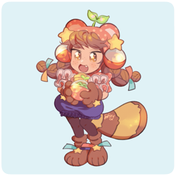 Size: 975x976 | Tagged: safe, artist:softsy, oc, oc only, oc:pon (plushpon), mammal, red panda, anthro, plantigrade anthro, 2019, art trade, blue background, brown eyes, clothes, cute, female, gloves, hair, holding object, kemono, pigtails, plant, shoes, simple background, solo, solo female, sprout, tail
