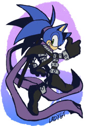 Size: 608x887 | Tagged: safe, artist:ladygt, sonic the hedgehog (sonic), speed-o'-sound sonic (one punch man), hedgehog, mammal, anthro, one punch man, sega, sonic the hedgehog (series), 2015, cosplay, crossover, male, namesake, pun, quills, solo, solo male