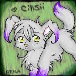 Size: 300x300 | Tagged: safe, artist:numah, oc, oc only, oc:cinsii (dusteh), canine, dog, fictional species, gelert, mammal, feral, neopets, 2005, abstract background, character name, female, gift art, heart, kemono, looking at you, low res, oekaki, oekaki (program), signature, solo, solo female, text, yellow eyes