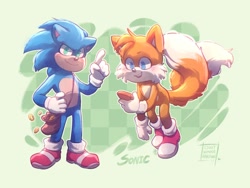 Size: 1200x900 | Tagged: safe, artist:ijustwannahavefunn, miles "tails" prower (sonic), sonic the hedgehog (sonic), canine, fox, hedgehog, mammal, red fox, anthro, sega, sonic the hedgehog (series), sonic the hedgehog movie, 2020, dipstick tail, duo, duo male, fluff, green background, kemono, male, males only, multiple tails, orange tail, quills, ring (sonic), signature, simple background, tail, tail fluff, two tails, white tail