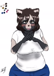 Size: 1450x2048 | Tagged: safe, alternate version, artist:naranahiromi, oc, oc only, oc:minami, canine, mammal, raccoon dog, anthro, 2018, blushing, clothes, colored, female, hands together, kemono, signature, simple background, smiling, solo, solo female, white background