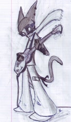 Size: 742x1280 | Tagged: safe, artist:darkminou, oc, oc only, oc:iahn darkminou, cat, feline, mammal, anthro, 2007, bottomwear, clothes, goggles, grayscale, guitar, line art, lined paper, male, monochrome, musical instrument, pants, scarf, shoes, solo, solo male, tail, traditional art