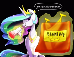 Size: 2598x2007 | Tagged: safe, artist:hosikawa, princess celestia (mlp), alicorn, equine, fictional species, mammal, pony, feral, friendship is magic, hasbro, my little pony, 2014, bag, banana, feathered wings, feathers, female, folded wings, food, fruit, herbivore, high res, horn, mare, megaphone, solo, solo female, speech bubble, tail, telekinesis, wings