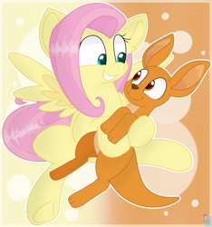 Size: 2182x2331 | Tagged: safe, artist:rainbow eevee, fluttershy (mlp), equine, fictional species, kangaroo, mammal, marsupial, pegasus, pony, feral, friendship is magic, hasbro, my little pony, amber eyes, cute, double outline, duo, female, green eyes, grin, high res, holding, hooves, looking at each other, looking down, macropod, mare, simple background, smiling, spread wings, tail, underhoof, watermark, wings