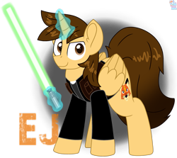 Size: 1837x1637 | Tagged: safe, artist:rainbow eevee, oc, oc only, oc:ej, alicorn, equine, fictional species, mammal, pony, feral, hasbro, my little pony, star wars, aura, brown eyes, clothes, cute, determined, energy weapon, folded wings, grin, hair, horn, lightsaber, looking at you, magic, male, mane, simple background, smiling, solo, solo male, stallion, telekinesis, transparent background, weapon, wings