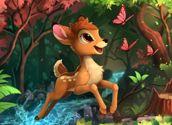 Size: 2500x1807 | Tagged: safe, artist:yakovlev-vad, bambi (bambi), arthropod, butterfly, cervid, deer, insect, mammal, feral, bambi (film), disney, brown eyes, forest, happy, male, scenery, smiling, solo, solo male