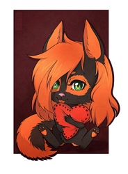 Size: 942x1280 | Tagged: safe, artist:satoriushiro, canine, dog, mammal, anthro, blep, chibi, green eyes, heart, looking at you, pillow, smiling, solo, tongue, tongue out