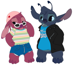 Size: 1732x1551 | Tagged: safe, artist:blushbaker, angel (lilo & stitch), stitch (lilo & stitch), alien, experiment (lilo & stitch), fictional species, semi-anthro, disney, lilo & stitch, 2017, 4 toes, antennae, blue fur, blue nose, bottomless, bottomwear, cigarette, clothes, digital art, dipstick antennae, duo, ear piercing, earring, ears, ears down, female, fluff, fur, glasses, greaser, hands in pockets, head fluff, jacket, leather jacket, male, nudity, partial nudity, piercing, pink fur, purple nose, shirt, shorts, simple background, smoking, snob, standing, sunglasses, t-shirt, topwear, torn ear, transparent background
