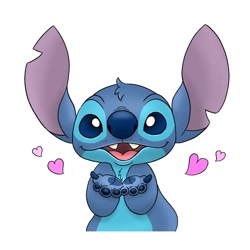 Size: 1500x1500 | Tagged: safe, artist:mayoooon_626, stitch (lilo & stitch), alien, experiment (lilo & stitch), fictional species, semi-anthro, disney, lilo & stitch, 2020, 4 fingers, blue claws, blue eyes, blue fur, blue nose, blue paw pads, chest fluff, claws, ears, fluff, fur, head fluff, heart, looking at you, male, simple background, solo, solo male, torn ear, white background
