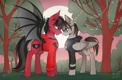 Size: 2404x1576 | Tagged: safe, artist:das_leben, bat pony, equine, fictional species, mammal, pegasus, pony, feral, clandestine industries, fall out boy, friendship is magic, hasbro, mikey way, my chemical romance, my little pony, pete wentz, 2020, bat wings, black hair, black mane, black tail, black wings, brown eyes, brown hair, brown mane, brown tail, clothes, commission, digital art, ear fluff, emo, fangs, feathered wings, feathers, fluff, folded wings, fur, glasses, grass, hair, hoodie, hooves, looking at each other, male, male/male, mane, outdoors, ponified, red fur, sharp teeth, shipping, slit pupils, spread wings, stallion, standing, tail, tan feathers, tan fur, tan wings, teeth, topwear, tree, webbed wings, wings, wristband, ych result