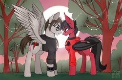 Size: 2404x1576 | Tagged: safe, alternate version, artist:das_leben, bat pony, equine, fictional species, mammal, pegasus, pony, feral, clandestine industries, fall out boy, friendship is magic, hasbro, mikey way, my chemical romance, my little pony, pete wentz, 2020, bat wings, black hair, black mane, black tail, black wings, brown eyes, brown hair, brown mane, brown tail, clothes, commission, digital art, ear fluff, emo, fangs, feathered wings, feathers, feralized, fluff, folded wings, fur, furrified, glasses, grass, hair, hoodie, hooves, looking at each other, male, male/male, mane, outdoors, ponified, red fur, sharp teeth, shipping, slit pupils, spread wings, stallion, standing, tail, tan feathers, tan fur, tan wings, teeth, topwear, tree, webbed wings, wings, wristband, ych result