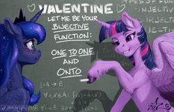 Size: 1500x964 | Tagged: safe, artist:amarynceus, princess luna (mlp), twilight sparkle (mlp), alicorn, equine, fictional species, mammal, pony, feral, friendship is magic, hasbro, my little pony, bedroom eyes, biting, blushing, chalkboard, crown, duo, duo female, feathered wings, feathers, female, female/female, heart, holiday, hooves, horn, jewelry, lip biting, looking at each other, math, nerd, nerd flirting, regalia, scrunchy face, shipping, signature, smiling, sweatdrop, text, twiluna (mlp), unshorn fetlocks, valentine's day, wings