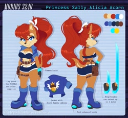 Size: 1243x1149 | Tagged: safe, artist:metalpandora, princess sally acorn (sonic), chipmunk, mammal, rodent, anthro, plantigrade anthro, archie sonic the hedgehog, sega, sonic the hedgehog (series), 2020, blue eyes, boots, bottomwear, chest fluff, clothes, female, fluff, jacket, lidded eyes, looking at you, shoes, shorts, smiling, solo, solo female, topwear, weapon