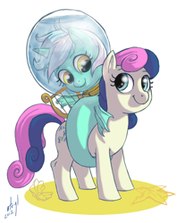 Size: 538x650 | Tagged: safe, artist:atryl, bon bon (mlp), lyra heartstrings (mlp), earth pony, equine, fictional species, mammal, pony, sea pony, feral, friendship is magic, hasbro, my little pony, my little pony (g1), cute, female, female/female, lyrabon (mlp), lyre, mare, riding, riding on back, shipping, shoo be doo, species swap, water, wholesome