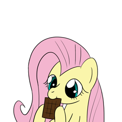 Size: 1280x1280 | Tagged: safe, artist:darkest hour, fluttershy (mlp), equine, fictional species, mammal, pegasus, pony, feral, friendship is magic, hasbro, my little pony, 2018, blue eyes, chocolate, chocolate bar, digital art, eating, female, food, fur, hair, holding, hoof hold, hooves, looking at something, mane, mare, nibbling, nom, pink hair, raised hoof, raised leg, simple background, solo, solo female, three-quarter view, white background, yellow fur