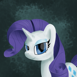 Size: 1780x1780 | Tagged: safe, artist:darkest hour, rarity (mlp), equine, fictional species, mammal, pony, unicorn, feral, friendship is magic, hasbro, my little pony, 2018, abstract background, blue eyes, bust, cutie mark, diamond, digital art, eyeshadow, female, fur, gem, gray fur, hair, horn, lidded eyes, looking at you, makeup, mane, mare, portrait, purple hair, smiling, solo, solo female, standing, tail, three-quarter view