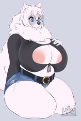 Size: 2576x3865 | Tagged: suggestive, artist:princesssamoyed, oc, oc only, oc:cumu, canine, dog, mammal, samoyed, anthro, areola, breasts, cleavage, female, fluff, glasses, high res, huge breasts, jean shorts, kneeling, neck fluff, round glasses, slightly chubby, solo, solo female