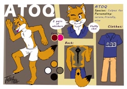 Size: 1280x902 | Tagged: safe, artist:juanatoq, oc, oc only, oc:atoq (juanatoq), canine, culpeo fox, fox, mammal, anthro, digitigrade anthro, 2018, belly button, belt, black eyes, black fur, blep, bottomwear, chest fluff, clothes, color palette, digital art, fluff, front view, fur, gray fur, head fluff, leg fluff, male, neck fluff, one eye closed, orange fur, pants, paws, profile, raised leg, rear view, shirt, side view, solo, solo male, speech bubble, standing, tail, tail fluff, three-quarter view, tongue, tongue out, topwear, underwear, whiskers, white fur, winking