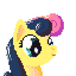 Size: 512x512 | Tagged: safe, artist:darkest hour, bon bon (mlp), earth pony, equine, fictional species, mammal, pony, feral, friendship is magic, hasbro, my little pony, 2018, animated, blue hair, bust, digital art, female, fur, gif, hair, licking, limited palette, mane, mare, pink hair, pixel animation, pixel art, portrait, reaction image, shimmering eyes, silly, simple background, smiling, solo, solo female, three-quarter view, tongue, tongue out, transparent background, yellow fur