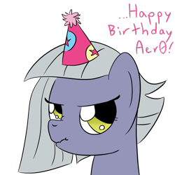 Size: 1280x1280 | Tagged: safe, artist:darkest hour, limestone pie (mlp), earth pony, equine, fictional species, mammal, pony, feral, friendship is magic, hasbro, my little pony, 2018, annoyed, birthday, clothes, congratulations, digital art, english, english text, female, frowning, fur, gray hair, hair, hat, lidded eyes, mane, mare, nose wrinkle, party hat, purple fur, scrunchy face, simple background, solo, solo female, text, three-quarter view, transparent background, unamused