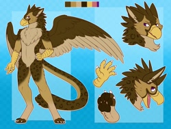 Size: 1280x970 | Tagged: safe, artist:evillabrat, oc, oc only, oc:kavik (kavik11), bird, feline, fictional species, gryphon, mammal, anthro, digitigrade anthro, 2020, abstract background, beak, bird feet, brown feathers, brown fur, cheek fluff, chest fluff, claws, color palette, digital art, disembodied foot, disembodied hand, ear fluff, ears, feathered wings, feathers, featureless crotch, fluff, front view, fur, male, neck fluff, open mouth, paw fluff, paw pads, paws, profile, pubic fluff, purple eyes, side view, solo, solo male, spotted fur, spread wings, tan feathers, tan fur, three-quarter view, tongue, underpaw, wings, yellow body