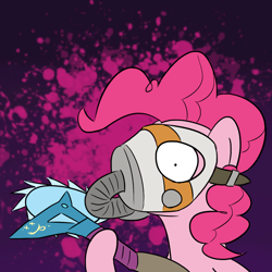 Size: 1280x1280 | Tagged: safe, artist:darkest hour, krieg (borderlands), pinkie pie (mlp), earth pony, equine, fictional species, mammal, pony, feral, borderlands (game), borderlands 2, friendship is magic, hasbro, my little pony, 2018, abstract background, belt, buzz axe, circular saw, clothes, crazy face, crossover, digital art, face mask, female, fur, gas mask, hair, holding, hoof hold, hooves, insane, insanity, looking at you, mane, mare, mask, melee weapon, pink fur, pink hair, raised hoof, raised leg, saw blade, shrunken pupils, side view, smiley, solo, solo female, tube, video game, weapon, wide eyes, xp