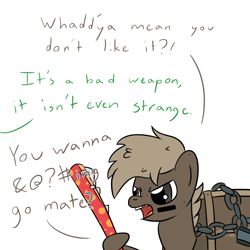 Size: 1280x1280 | Tagged: safe, artist:darkest hour, oc, oc only, oc:anon, oc:crately, animate object, equine, fictional species, hybrid, mammal, pony, feral, friendship is magic, hasbro, my little pony, team fortress 2, valve, 2018, ambiguous gender, angry, brown eyes, brown fur, censored vulgarity, chains, crate, crossover, dialogue, digital art, duo, english, english text, female, freckles, frowning, fur, grawlixes, gray hair, hair, holding, hoof hold, hooves, lock, loot box, mane, mare, melee weapon, offscreen character, open mouth, ponified, raised hoof, raised leg, simple background, solo focus, swearing, talking, teeth, text, three-quarter view, tongue, upset, video game, vulgar, war paint, weapon, white background, wrap assassin (tf2), wrapping paper