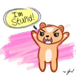 Size: 512x512 | Tagged: safe, artist:soldirix, bear, mammal, anthro, black eyes, cute, dialogue, dumb, english text, excited, eyebrows, eyelashes, female, funny, kawaii, open mouth, open smile, paws, raised arms, signature, simple background, smiling, solo, solo female, speech bubble, stupid, stupid bear, talking, teeth, text, tongue