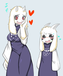 Size: 1000x1200 | Tagged: safe, artist:lfer, asriel dreemurr (undertale), toriel (undertale), bovid, goat, mammal, anthro, undertale, 2016, blue background, blushing, clothes, duo, female, heart, male, mother, mother and child, mother and son, simple background, smiling, son, sweat