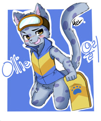 Size: 1000x1200 | Tagged: safe, artist:lfer, big cat, feline, mammal, snow leopard, anthro, konami, 2016, clothes, colored, goggles, jacket, ollie (pop'n music), paw prints, pop'n music, signature, smiling, snowboard, solo, topwear