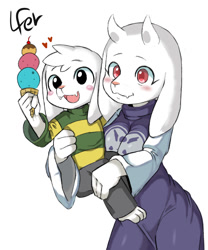 Size: 1000x1200 | Tagged: safe, artist:lfer, asriel dreemurr (undertale), toriel (undertale), bovid, goat, mammal, anthro, digitigrade anthro, undertale, 2017, :d, blushing, clothes, duo, female, food, holding character, ice cream, ice cream cone, male, mature, mature female, mother, mother and child, mother and son, open mouth, smiling, son