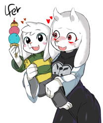 Size: 1000x1200 | Tagged: safe, alternate version, artist:lfer, asriel dreemurr (undertale), toriel (undertale), bovid, goat, mammal, anthro, digitigrade anthro, undertale, 2017, :d, blushing, clothes, duo, female, food, holding character, ice cream, ice cream cone, male, mature, mature female, mother, mother and child, mother and son, open mouth, smiling, son
