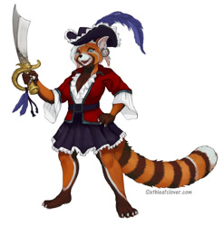 Size: 800x810 | Tagged: safe, artist:sixthleafclover, mammal, red panda, anthro, bottomwear, clothes, cutlass, female, hat, pirate, skirt, solo, solo female, weapon