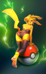 Size: 900x1436 | Tagged: suggestive, artist:levaligress, fictional species, mammal, pikachu, anthro, nintendo, pokémon, bent over, blonde hair, butt, cameltoe, cleft tail, clothes, female, fur, hair, legwear, looking at you, looking back, open mouth, paw pads, paws, poké ball, pokémorph, rear view, solo, solo female, thigh highs, tight clothing, toeless legwear, underpaw, video game, yellow body, yellow fur