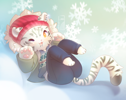 Size: 1138x900 | Tagged: safe, artist:levaligress, big cat, feline, mammal, tiger, anthro, bottomwear, chibi, clothes, fur, looking at you, lying down, male, on back, one eye closed, open clothes, open mouth, outdoors, pantherine, pants, paw pads, paws, shirt, smiling, snow, solo, solo male, stripes, topwear, underpaw, white body, white fur, winking, winter, yellow eyes