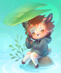 Size: 834x1000 | Tagged: safe, artist:levaligress, cervid, deer, mammal, anthro, brown body, brown fur, brown hair, chibi, clothes, female, fur, hair, hoodie, looking at you, orange eyes, outdoors, simple background, smiling, solo, solo female, topwear, water